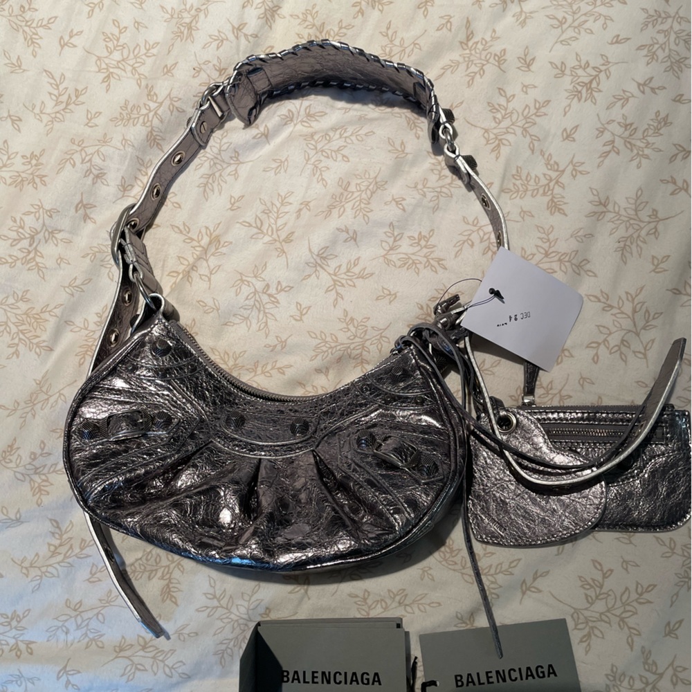 BALENCIAGA LE CAGOLE XS SHOULDER BAG METALLIZED IN SILVER